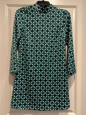 Mango (MNG) Green, Black, White Long-Sleeve Geometric Shift Dress With High Neck